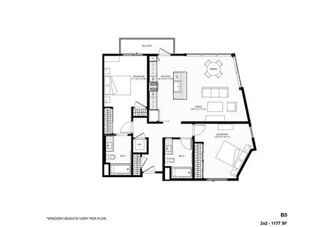 Floor plan for 2 beds, 2 baths, 1177 sqft